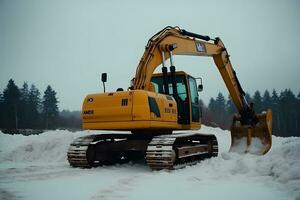 Snow plow doing snow removal after a blizzard. Neural network AI generated photo