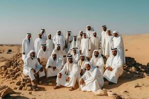 many arab men in the desert. Neural network AI generated photo