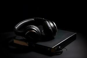 Audio book concept. Black headphones and a book. Neural network AI generated photo