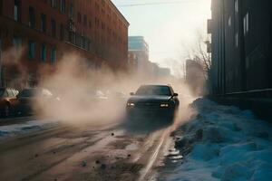 aire contaminación desde el cansada de carros en el ciudad durante el frío día, ambiental contaminación en el ciudad. neural red ai generado foto