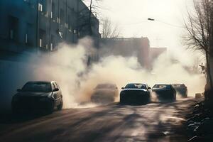 aire contaminación desde el cansada de carros en el ciudad durante el frío día, ambiental contaminación en el ciudad. neural red ai generado foto