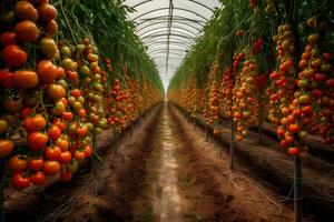 Growing tomatoes in a greenhouse. Neural network AI generated photo