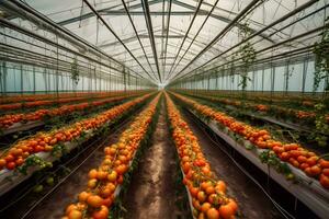 Growing tomatoes in a greenhouse. Neural network AI generated photo