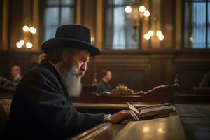ortodoxo judío lee oraciones en el templo. neural red ai generado foto
