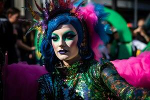 mujer en pluma disfraz a carnaval. neural red ai generado foto