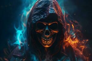 Death portrait skull fire. Neural network AI generated photo