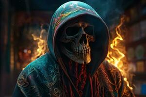 Death portrait skull fire. Neural network AI generated photo