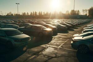 Car park at the end of the day. Car Dealer Inventory. Neural network AI generated photo