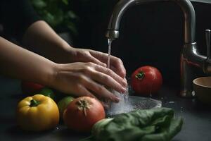 vegetales Lavado en el cocina. neural red ai generado foto