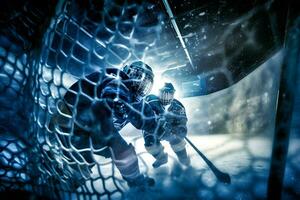 ice hockey goalkeeper player on goal in action. Neural network AI generated photo