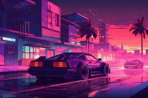 Futuristic retro wave synth wave car. Retrowave style. Neural network AI generated photo