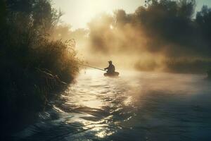 Fisherman by the lake at dawn. Neural network AI generated photo