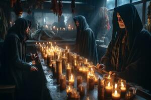 Ritual of medieval priests with candles in the temple. Neural network AI generated photo