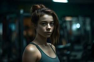 Portrait of an athlete girl in the gym. Neural network AI generated photo