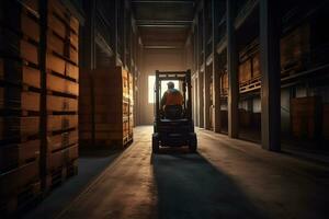 Warehouse man worker with forklift. Neural network AI generated photo