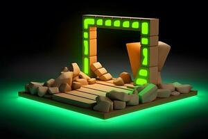 neon abstract frame podium with glowing square frame and cobblestone rocks ruins. Neural network AI generated photo