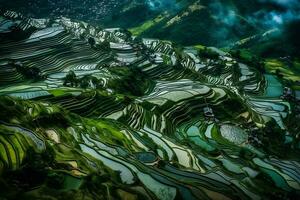 Rice fields on terraced of Mu Cang Chai, YenBai, Vietnam. Rice fields prepare the harvest at Northwest Vietnam.Vietnam landscapes. Neural network AI generated photo