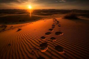 Footprints in the sand in the desert during sunset. Neural network AI generated photo