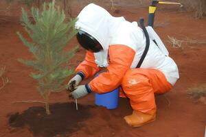 Astronaut planting a tree on the moon or mars. Neural network AI generated photo