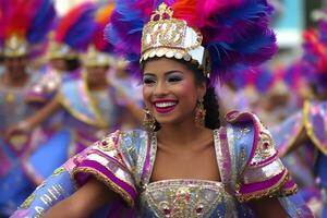 brasileño carnaval. joven mujer disfrutando el carnaval fiesta. neural red ai generado foto