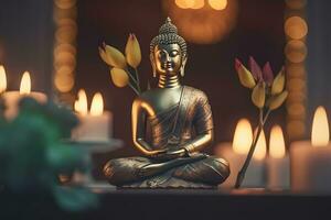 Meditation Buddha statue with candles and lotus. Neural network AI generated photo
