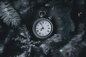 Vintage clock outdoors in winter. Neural network AI generated photo
