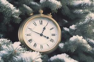 Vintage clock outdoors in winter. Neural network AI generated photo