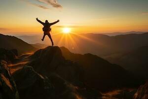 Female hiker with backpack raised her hands celebrating successful climb to top of mountain. Neural network AI generated photo