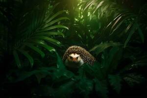 Young hedgehog in natural habitat. Neural network AI generated photo