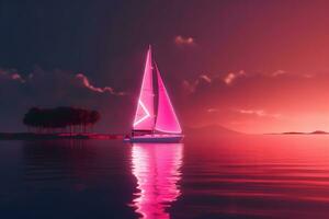 Retrowave style neon yacht, Futuristic synthwave. Neural network AI generated photo