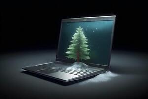 A tree grows from a laptop. Green information technology. Neural network AI generated photo