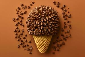 Chocolate ice cream cone ads, pouring chocolate toppings. Neural network AI generated photo