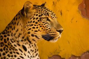 leopardo en un amarillo antecedentes. neural red ai generado foto