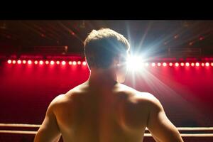 Boxer champion enjoying his victory on lights and standing back to the camera. Neural network AI generated photo