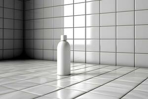 White cosmetic shampoo dispenser bottle mockup. Neural network AI generated photo