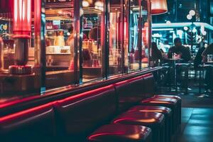 Old Fashioned Red Bar Stools In American Burger Retro Diner Restaurant. Interior Of Bar Is In Traditional American Style. Neural network AI generated photo