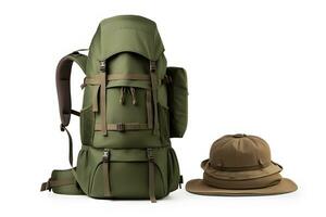 Travel set isolated on white background. Hat, backpack and boots. Neural network AI generated photo