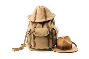 Travel set isolated on white background. Hat, backpack and boots. Neural network AI generated photo