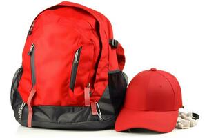 Travel set isolated on white background. Hat, backpack and boots. Neural network AI generated photo