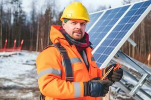 Technology solar cell, Engineer service check installation solar cell. Neural network AI generated photo