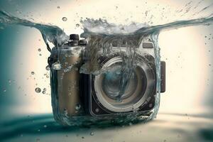 Modern SLR photocamera falling under water with water splashes. Neural network generated art photo