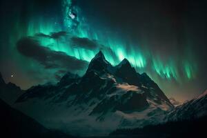 polar luces además llamado del Norte luces o Aurora borealis en del Norte Noruega montañas. neural red generado Arte foto