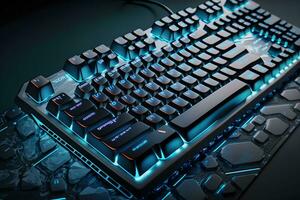 Futuristic custom PC keyboard concept with glowing blue tones. Neural network generated art photo