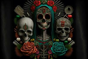 Composition with skulls and flowers for santa muerte celebrating. Neural network generated art photo