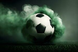 tradicional fútbol pelota en fútbol campo en verde césped con oscuro tonificado brumoso antecedentes. neural red generado Arte foto