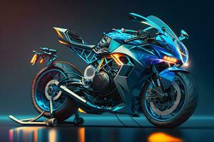 Futuristic custom angled light motorcycle concept with glowing blue tones. Neural network generated art photo