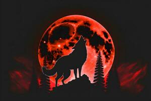 Howling wolf against the full moon background and the wilderness. Neural network generated art photo