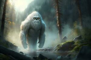 Yeti or abominable snowman walks through winter forest area. Neural network generated art photo