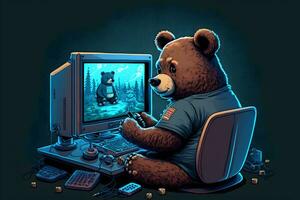 Bear as video game live stream gamer use PC computer for entertainment. Neural network generated art photo