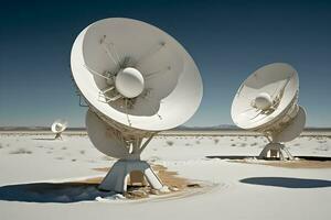 Group of radio telescope satellite dishes. VLA Very Large Array in sandy area. Neural network generated art photo